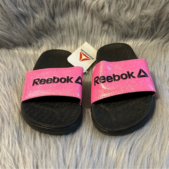 Reebok Slides Girls Size 13 Pink Black‎ Sparkly Glitter Slip On Sandals Shoes - Picture 2 of 7